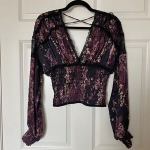 Free People Purple Floral Blouse with Black Lace